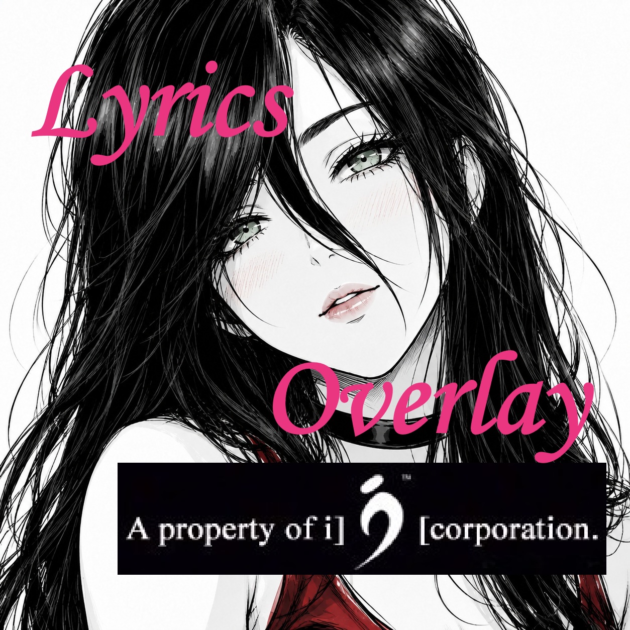 LyricsOverlay product artwork with black-and-white illustrated portrait and magenta title